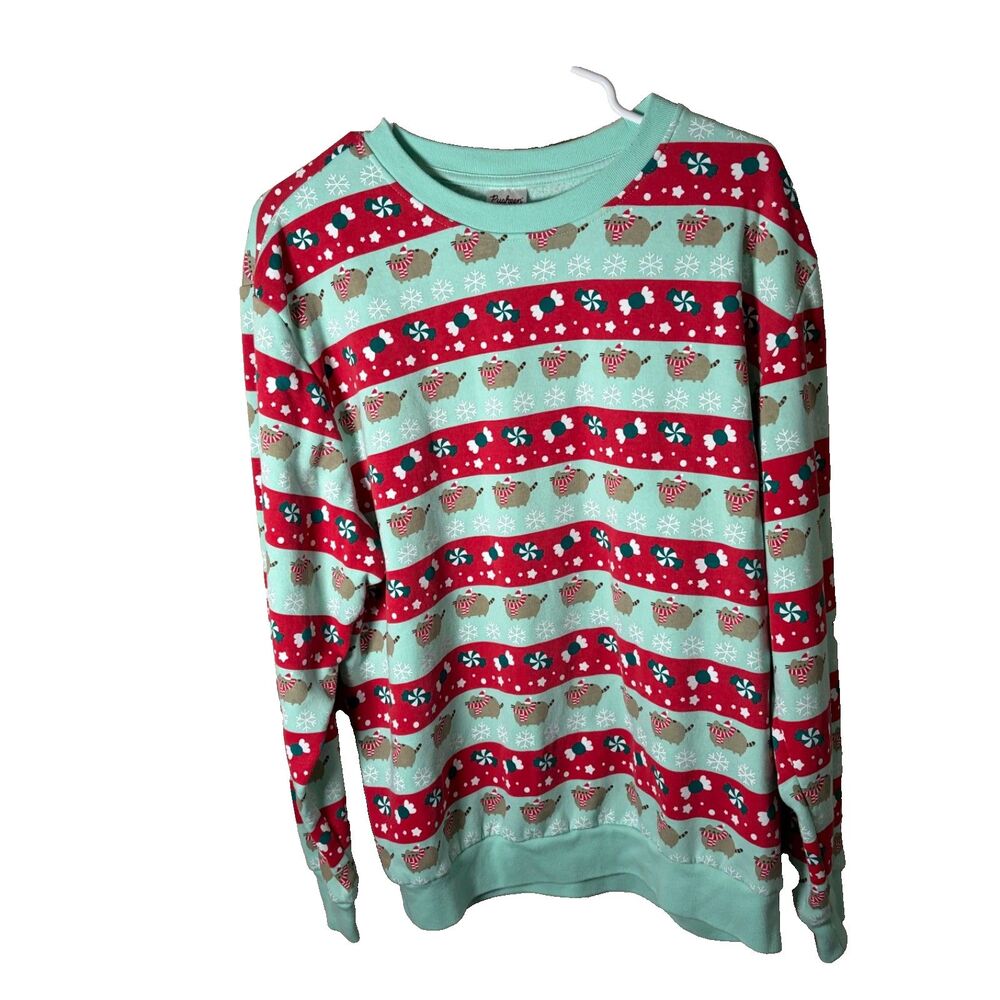 Pusheen Sweatshirt Adult Large Christmas Striped Holiday Fleece Pullover